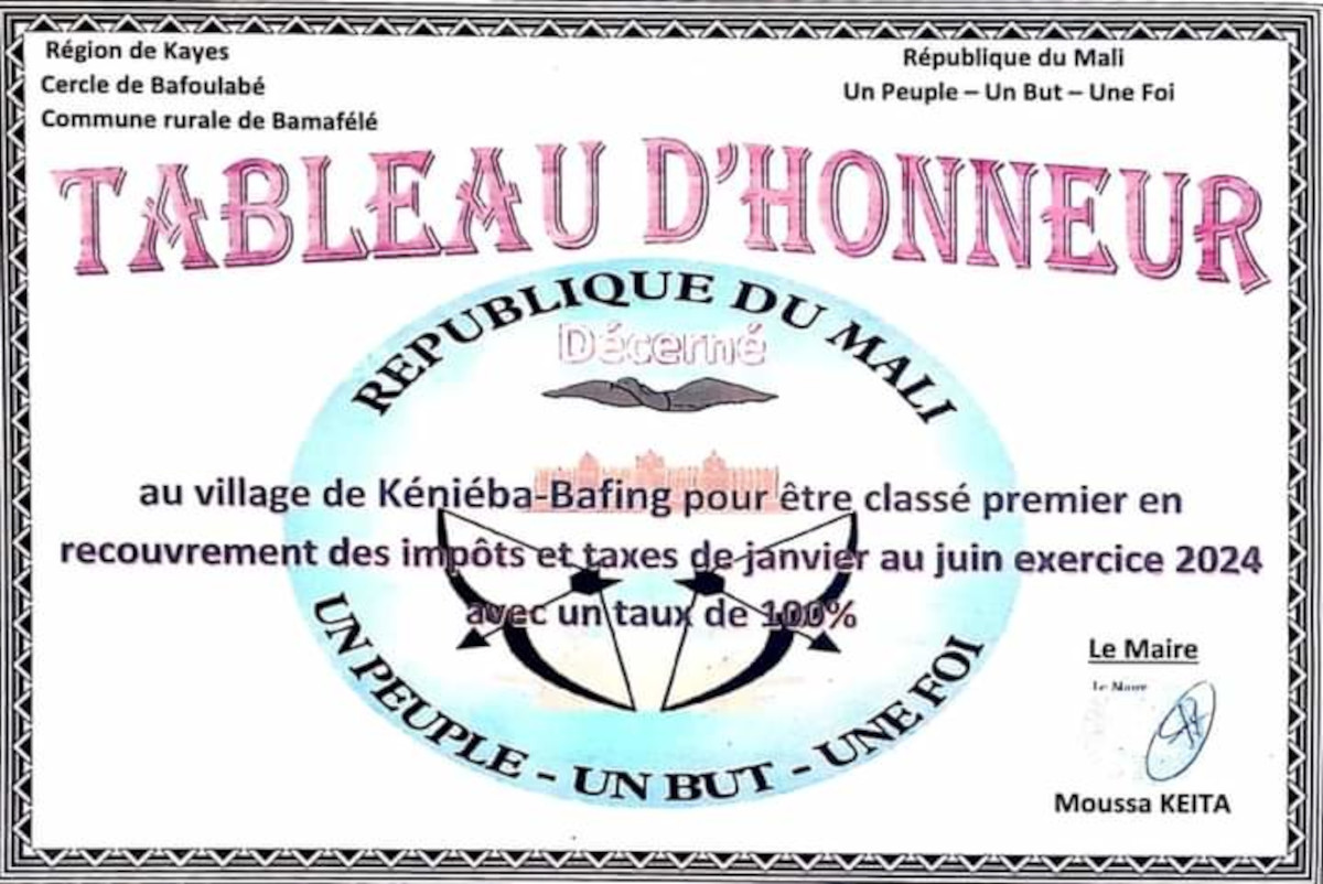 Paiement de la TDRL : le village de Keniéba-Bafing classé 1er de la commune de Bamafélé